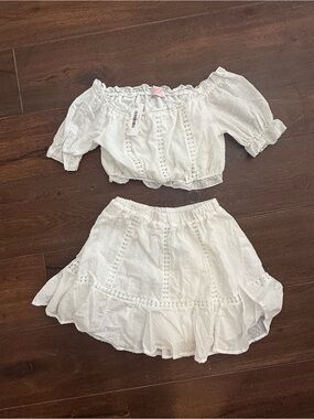 White Boho Eyelet Off-Shoulder Two-Piece Skirt Set